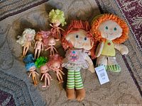 Group shot of all dolls and plush on rug