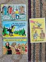 Fronts of four humour postcards showing illustrations and captions