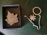 Front view of maple leaf brooch and rhinestone pin set