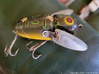 Side view of lure showing paint scheme, metal wings and hooks