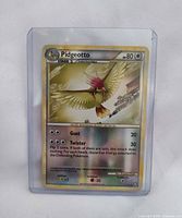 Front view of sleeved Pidgeotto card showing artwork, stats, attacks