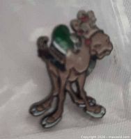 Front view of camel pin still in pouch