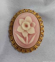 Front view showing pink cameo with cream daffodil and gold-tone frame