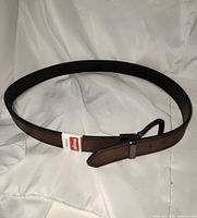 Full view of belt showing brown side outward and buckle