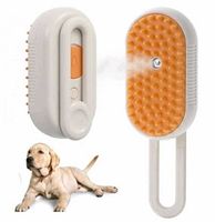Front and side views of steam pet brush showing spray nozzle, silicone bristles, handle