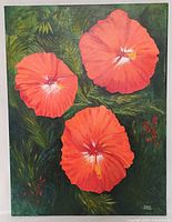 Front view of painting showing three red-orange flowers on green background