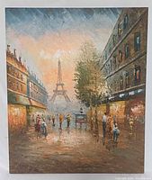 Front view of entire unframed oil painting on canvas showing Paris street scene and Eiffel Tower