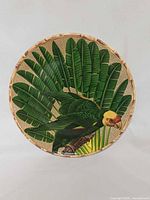 Front view of round parrot platter showing artwork and rim