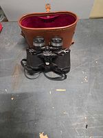 binoculars standing in front of open brown case with red interior