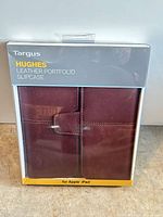 Front view of boxed Targus Hughes leather portfolio slipcase for Apple iPad