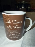 Front view of brown Ganz coffee mug showing full quote and design