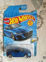 Front of sealed Hot Wheels 2020 Jaguar F-Type on card showing car and branding