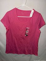 Front view of pink short-sleeve crew neck T-shirt on hanger with tags visible