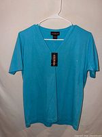 Front view of blue V-neck T-shirt with tag