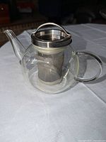 Full view of glass teapot with infuser inserted