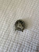 Front view of brooch showing horse head in horseshoe