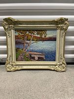 Full view of framed signed landscape oil painting