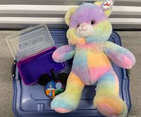 Front view of teddy bear, luggage tag, and pencil case on tote lid