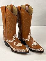 Full view of both boots showing color, shaft height, embroidery patterns