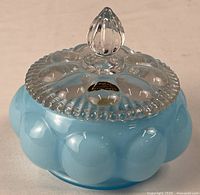 Full view of blue opalescent candy dish with clear lid