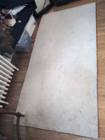Full view of rectangular light beige rug on hardwood floor