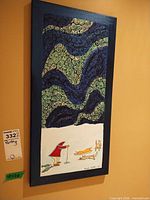 Full view of vertical painting on wall showing imagery and size tag