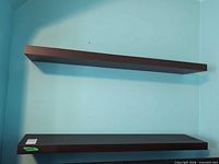 Two wall-mounted floating shelves on light blue wall
