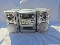 Front view of GPX stereo system with two speakers connected