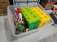 Overall view of tote with contents and storage bricks visible