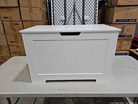 Front view of white paneled chest on table