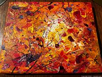 Front view of entire abstract painting showing colour palette, texture and initials