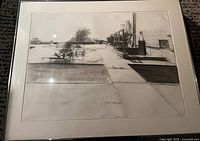 Full view of framed pencil drawing under glass