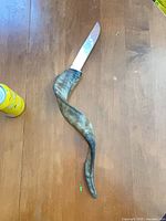 Full view of knife front, showing blade and twisted horn handle