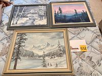 All three framed mountain paintings laid out for scale and comparison