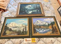 All three framed mountain landscape paintings laid out for full view