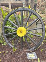 Front view of painted wooden wagon wheel