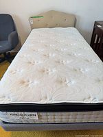 Full view of Kingsdown twin mattress on base with headboard
