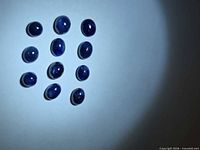 Group of 10 deep blue oval and round sapphire cabochons under light