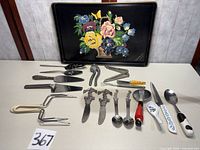 Full lot view: tray and utensils laid out