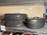 Both speckled enamel roasting pans side by side on shelf