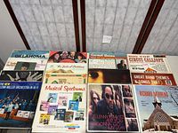 Full overview of approximately fifteen LP records laid out in three rows