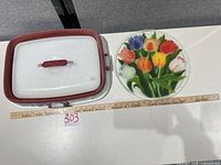 Open red/burgundy plastic bowl, lid removed, ruler for scale
