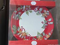 Packaged view of two Christmas dinner plates showing red rim and holly-pinecone design