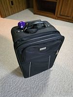 Front view of black rolling suitcase with logo plate and grey piping