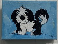 Front view of entire painting showing dog subject and blue background