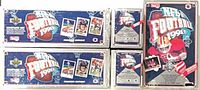 Five sealed Upper Deck NFL Football 1991 card boxes: three long Premier Edition Complete Set and two smaller High Number Series