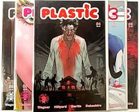 Five bagged Plastic comic issues fanned out showing main covers