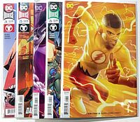 Five bagged Teen Titans comics fanned to show spines and variant Kid Flash cover