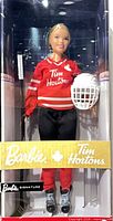 Front view of boxed Tim Hortons Barbie #64 with accessories visible