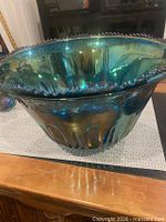 Exterior of iridescent blue Harvest punch bowl